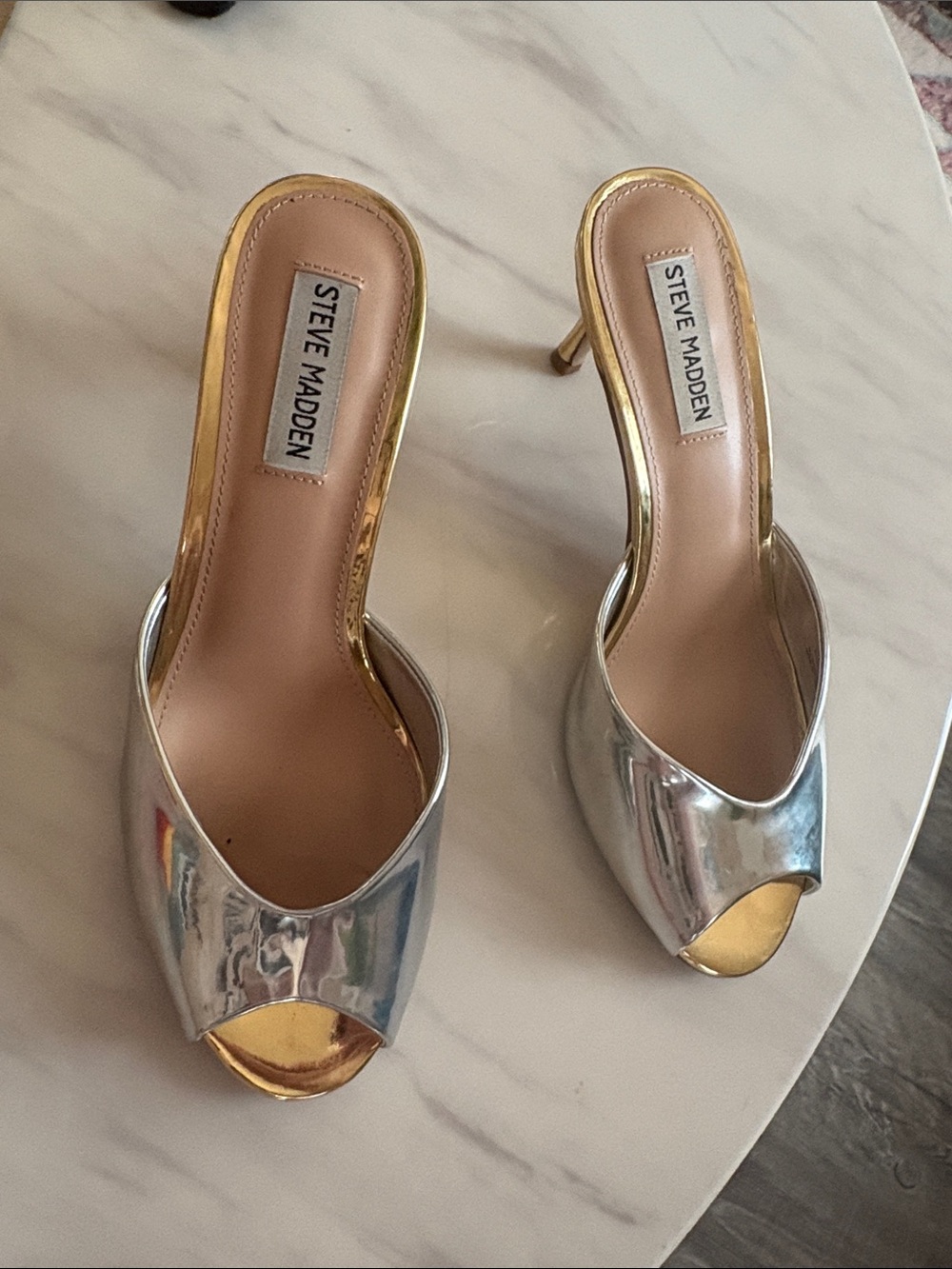 Steve Madden Silver and Gold Peep-Toe Stiletto Mules